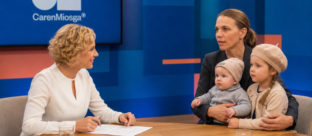 Caren Miosga mit Elen und ihren Kindern im Studio